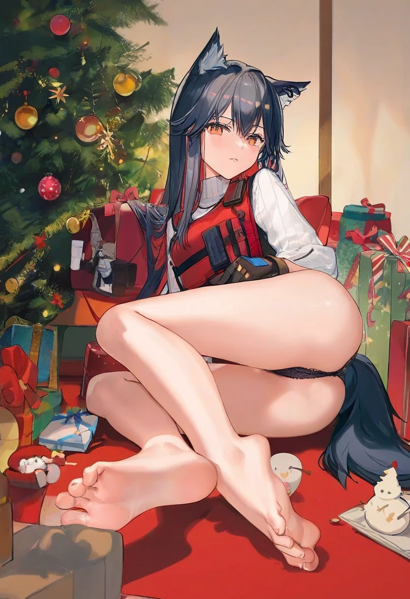 [[ATDAN]],[[zhibuji loom]],[mignon],[[[ask]]],[ciloranko], - 1girl,texas \(arknights\),arknights,underwear,tactical vest,christmas tree,christmas ornaments,
