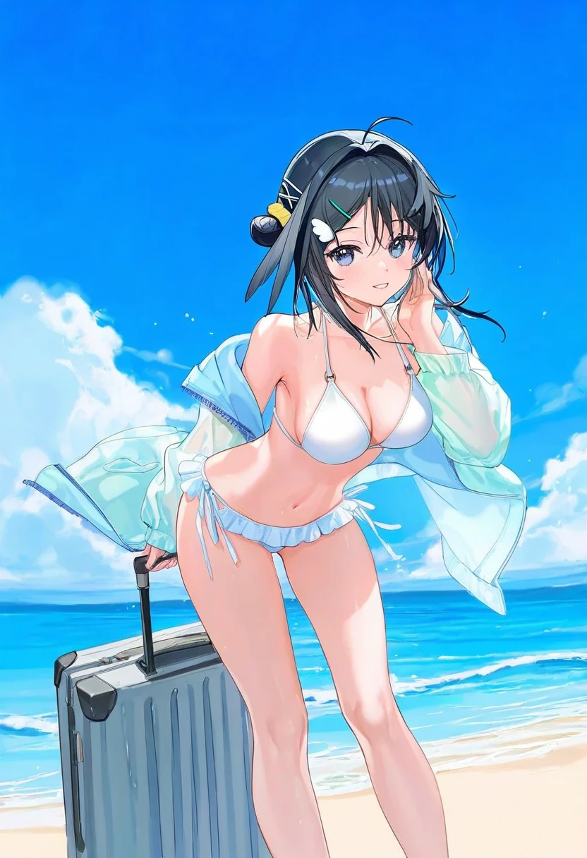 [[ATDAN]],[[zhibuji loom]],[mignon],[[[ask]]],[ciloranko], - 1girl,la pluma \(summer flowers\) \(arknights\),arknights,white bikini,outdoors,navel,day,sky,blue sky,beach,suitcase,looking at viewer,ocean,low-tied long hair,leaning forward,standing,holding,frills,hand up,bare shoulders,floating hair,