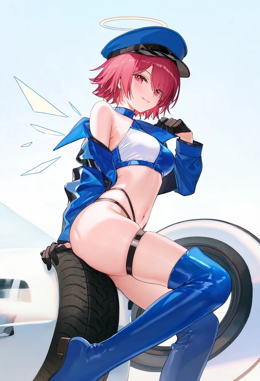 [[ATDAN]],[[zhibuji loom]],[mignon],[[[ask]]],[ciloranko], - 1girl,exusiai \(arknights\),arknights,black gloves,black panties,blue thigh boots,blue hat,blue jacket,long sleeves,race queen,thigh strap,thong,single bare shoulder,skindentation,tire,