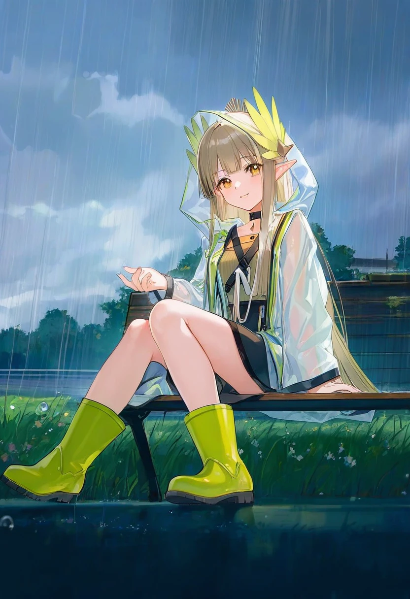 [[ATDAN]],[[zhibuji loom]],[mignon],[[[ask]]],[ciloranko], - 1girl,muelsyse \(arknights\),arknights,cloudy sky,grass,on bench,outdoors,rain,road,yellow rubber boots,see-through coat,sitting,transparent raincoat,water drop,