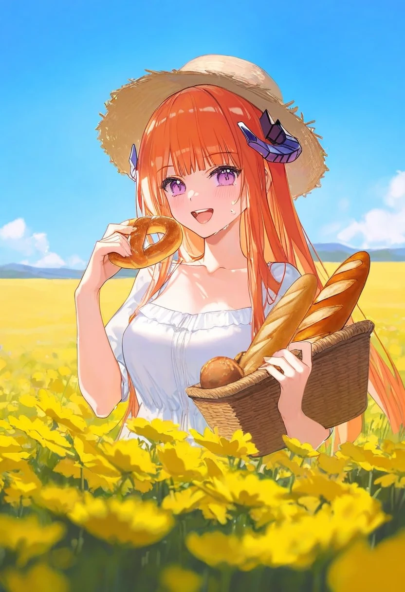 [[ATDAN]],[[zhibuji loom]],[mignon],[[[ask]]],[ciloranko], - 1girl,bagpipe \(arknights\),arknights,baguette,blush,bread,croissant,holding basket,pretzel,upper body,straw hat,field,sky,laughing,sweat,sunlight,