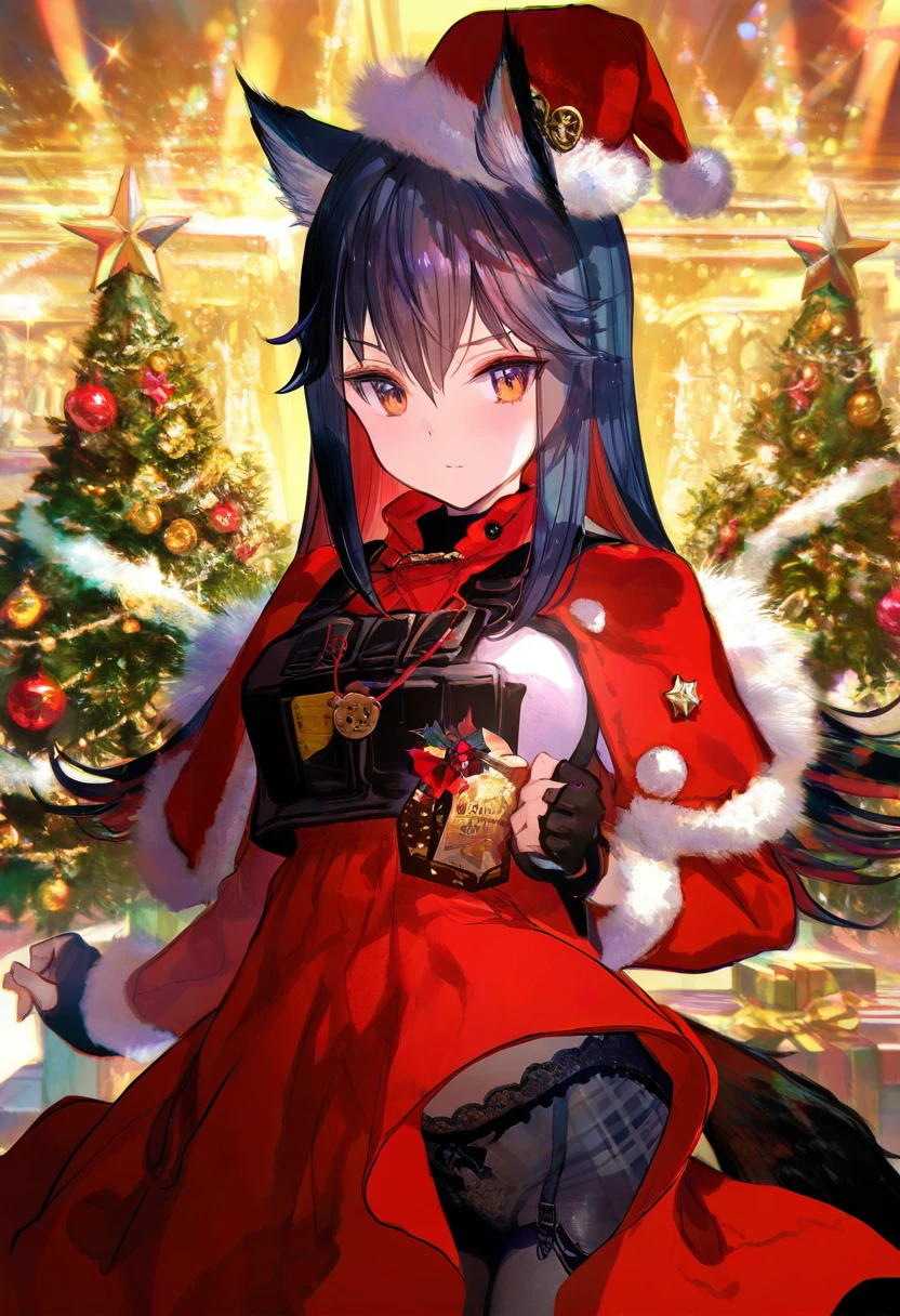 ((choco \(chocolate shop\))),fuzichoco,minaba hideo, - 1girl,texas \(arknights\),arknights,underwear,tactical vest,christmas tree,christmas ornaments,