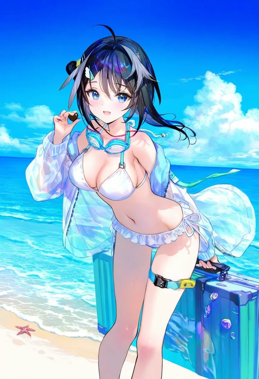 ((choco \(chocolate shop\))),fuzichoco,minaba hideo, - 1girl,la pluma \(summer flowers\) \(arknights\),arknights,white bikini,outdoors,navel,day,sky,blue sky,beach,suitcase,looking at viewer,ocean,low-tied long hair,leaning forward,standing,holding,frills,hand up,bare shoulders,floating hair,