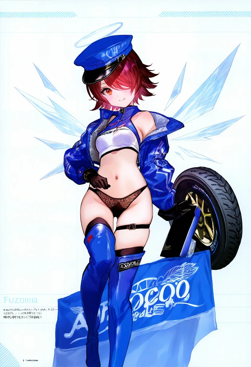 ((choco \(chocolate shop\))),fuzichoco,minaba hideo, - 1girl,exusiai \(arknights\),arknights,black gloves,black panties,blue thigh boots,blue hat,blue jacket,long sleeves,race queen,thigh strap,thong,single bare shoulder,skindentation,tire,