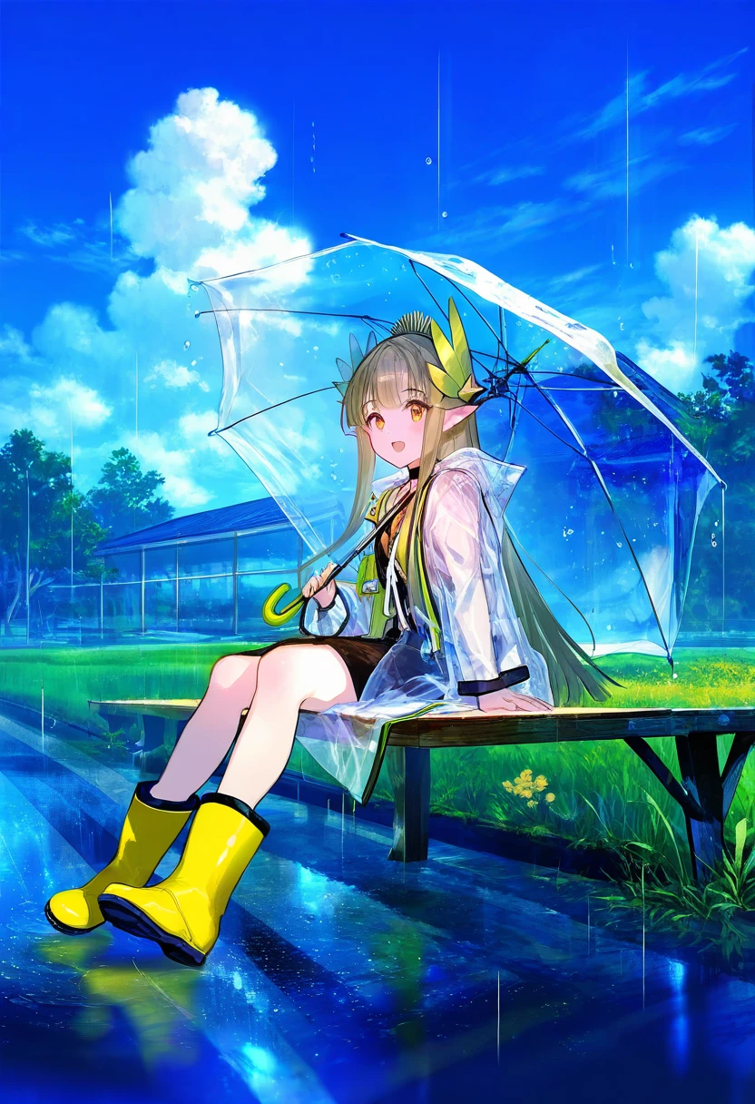 ((choco \(chocolate shop\))),fuzichoco,minaba hideo, - 1girl,muelsyse \(arknights\),arknights,cloudy sky,grass,on bench,outdoors,rain,road,yellow rubber boots,see-through coat,sitting,transparent raincoat,water drop,