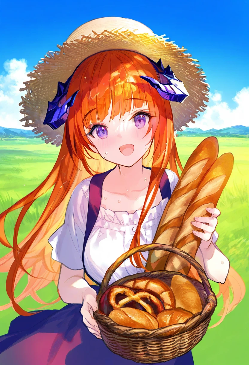 ((choco \(chocolate shop\))),fuzichoco,minaba hideo, - 1girl,bagpipe \(arknights\),arknights,baguette,blush,bread,croissant,holding basket,pretzel,upper body,straw hat,field,sky,laughing,sweat,sunlight,