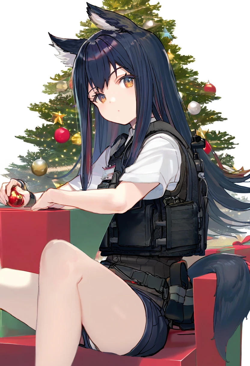 ((Fuumi)),((Tama)),((Shirabi)),(((Sayori))),(Ichihi), - 1girl,texas \(arknights\),arknights,underwear,tactical vest,christmas tree,christmas ornaments,