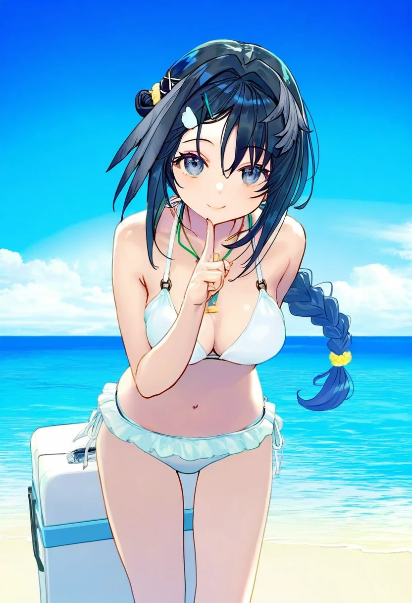 ((Fuumi)),((Tama)),((Shirabi)),(((Sayori))),(Ichihi), - 1girl,la pluma \(summer flowers\) \(arknights\),arknights,white bikini,outdoors,navel,day,sky,blue sky,beach,suitcase,looking at viewer,ocean,low-tied long hair,leaning forward,standing,holding,frills,hand up,bare shoulders,floating hair,