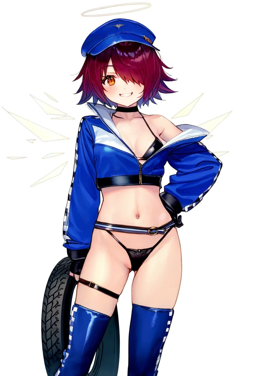 ((Fuumi)),((Tama)),((Shirabi)),(((Sayori))),(Ichihi), - 1girl,exusiai \(arknights\),arknights,black gloves,black panties,blue thigh boots,blue hat,blue jacket,long sleeves,race queen,thigh strap,thong,single bare shoulder,skindentation,tire,