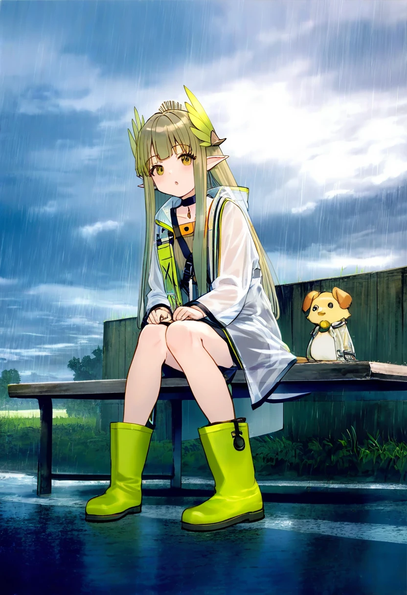 ((Fuumi)),((Tama)),((Shirabi)),(((Sayori))),(Ichihi), - 1girl,muelsyse \(arknights\),arknights,cloudy sky,grass,on bench,outdoors,rain,road,yellow rubber boots,see-through coat,sitting,transparent raincoat,water drop,