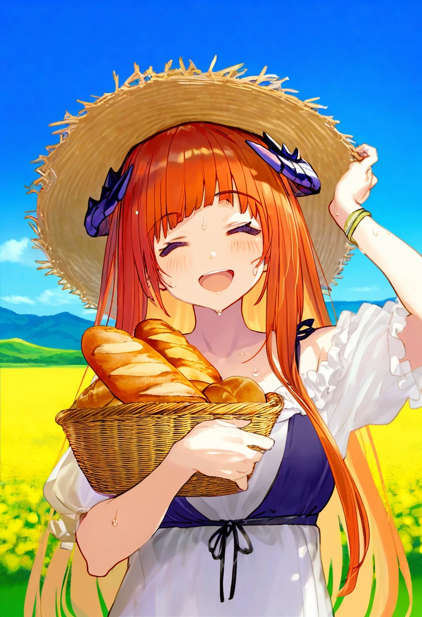 ((Fuumi)),((Tama)),((Shirabi)),(((Sayori))),(Ichihi), - 1girl,bagpipe \(arknights\),arknights,baguette,blush,bread,croissant,holding basket,pretzel,upper body,straw hat,field,sky,laughing,sweat,sunlight,