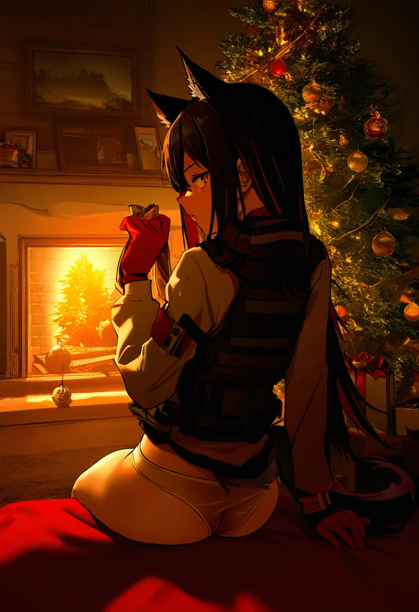 [agm],[as109], - 1girl,texas \(arknights\),arknights,underwear,tactical vest,christmas tree,christmas ornaments,