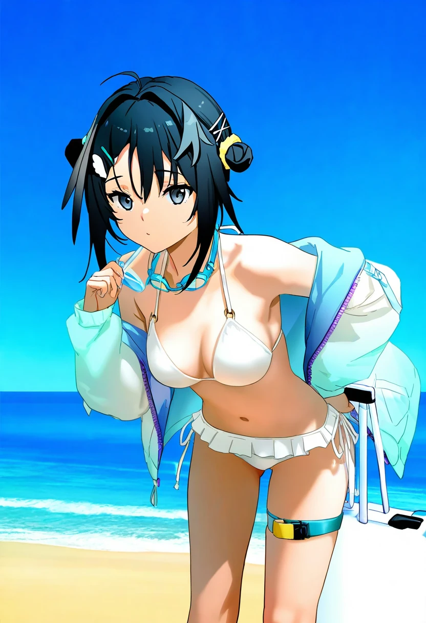 [agm],[as109], - 1girl,la pluma \(summer flowers\) \(arknights\),arknights,white bikini,outdoors,navel,day,sky,blue sky,beach,suitcase,looking at viewer,ocean,low-tied long hair,leaning forward,standing,holding,frills,hand up,bare shoulders,floating hair,