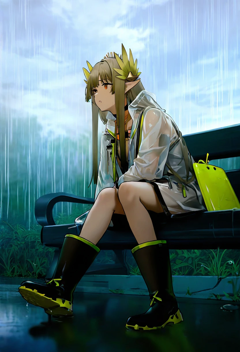 [agm],[as109], - 1girl,muelsyse \(arknights\),arknights,cloudy sky,grass,on bench,outdoors,rain,road,yellow rubber boots,see-through coat,sitting,transparent raincoat,water drop,