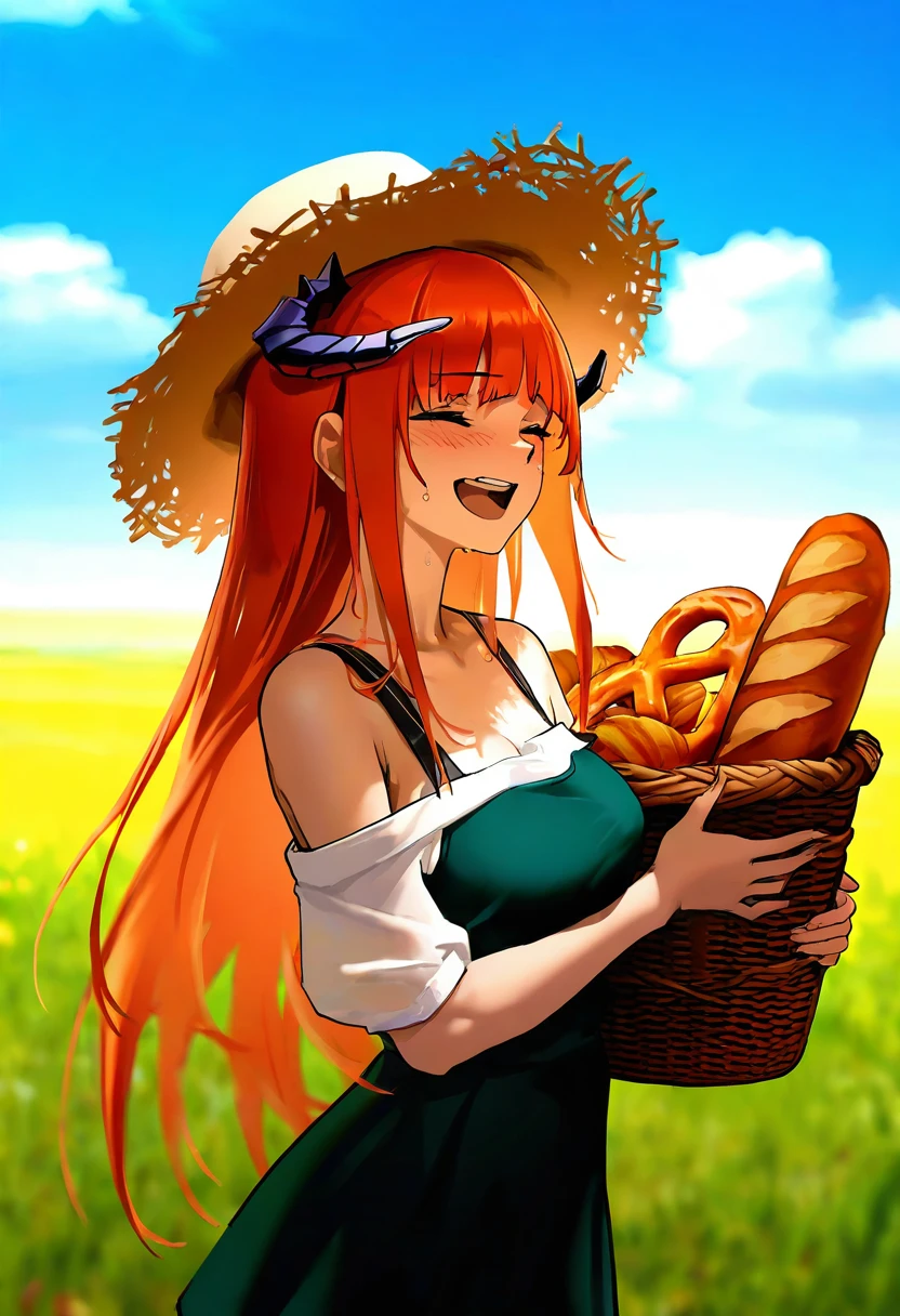 [agm],[as109], - 1girl,bagpipe \(arknights\),arknights,baguette,blush,bread,croissant,holding basket,pretzel,upper body,straw hat,field,sky,laughing,sweat,sunlight,