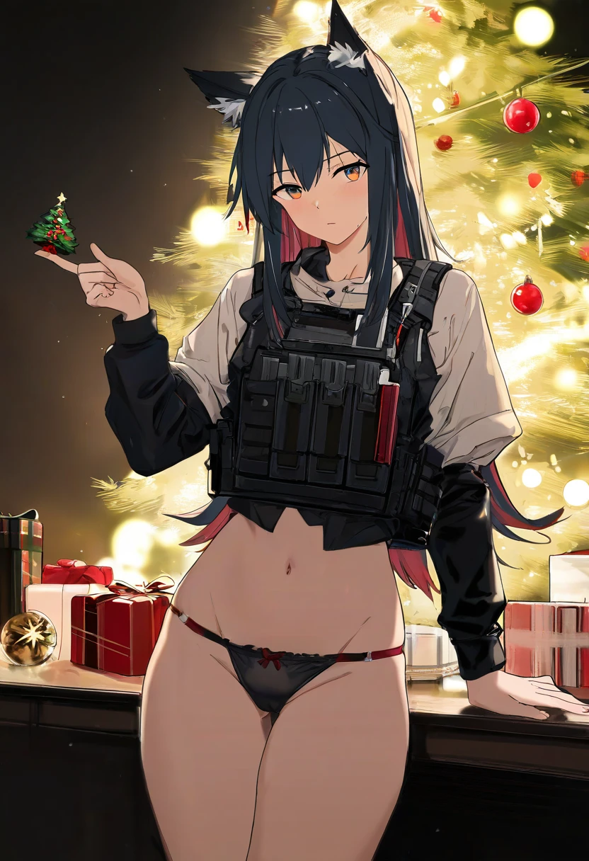 [agm],[miv4t], - 1girl,texas \(arknights\),arknights,underwear,tactical vest,christmas tree,christmas ornaments,