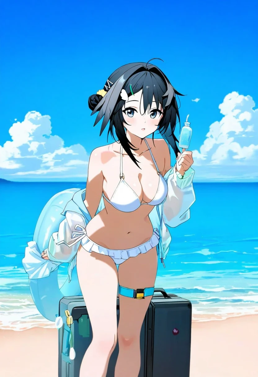 [agm],[miv4t], - 1girl,la pluma \(summer flowers\) \(arknights\),arknights,white bikini,outdoors,navel,day,sky,blue sky,beach,suitcase,looking at viewer,ocean,low-tied long hair,leaning forward,standing,holding,frills,hand up,bare shoulders,floating hair,