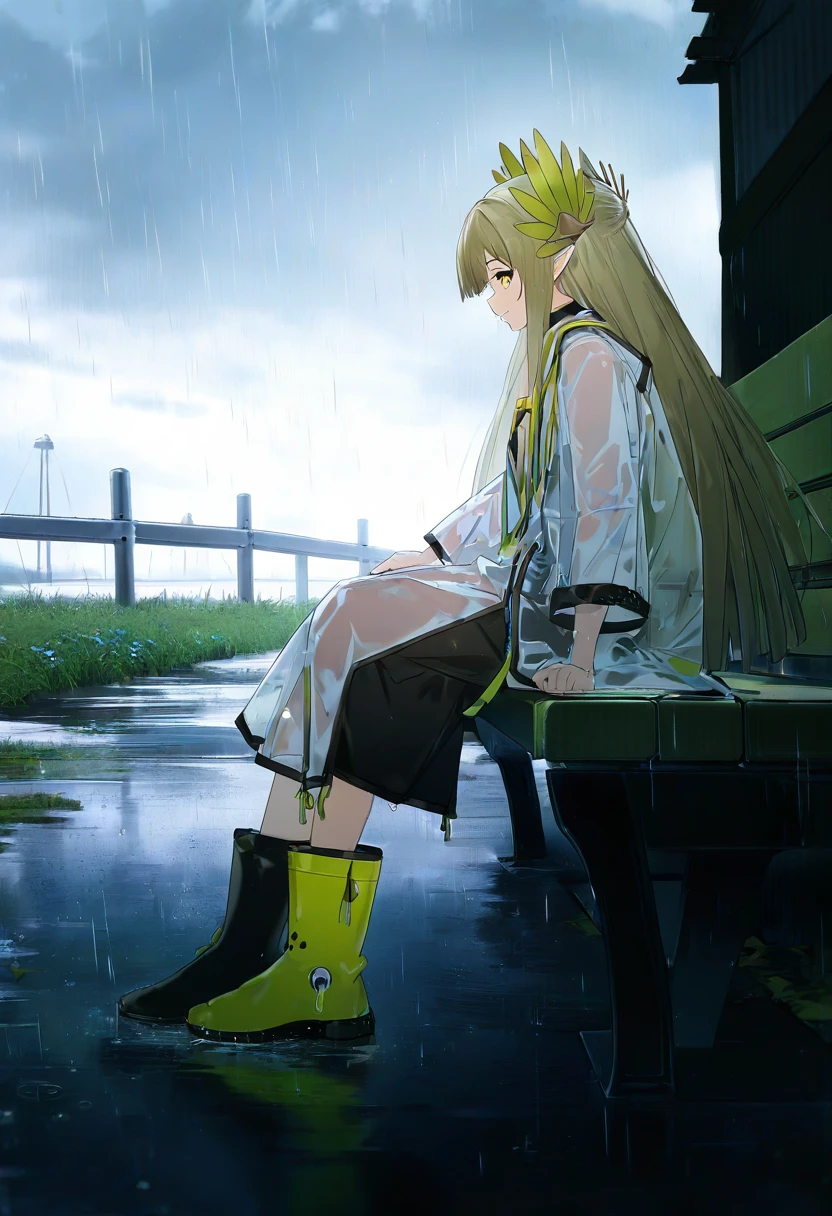 [agm],[miv4t], - 1girl,muelsyse \(arknights\),arknights,cloudy sky,grass,on bench,outdoors,rain,road,yellow rubber boots,see-through coat,sitting,transparent raincoat,water drop,