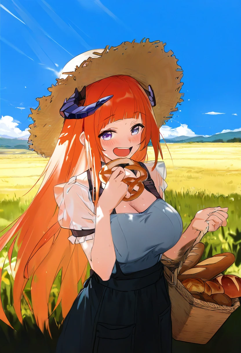 [agm],[miv4t], - 1girl,bagpipe \(arknights\),arknights,baguette,blush,bread,croissant,holding basket,pretzel,upper body,straw hat,field,sky,laughing,sweat,sunlight,