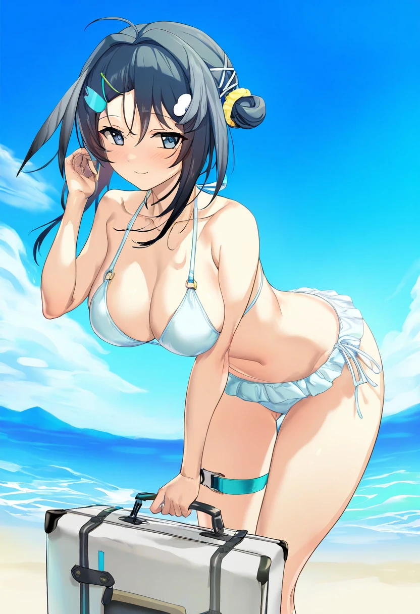 (shoshika8888888),(icomochi),[da mao banlangen],kurarome, - 1girl,la pluma \(summer flowers\) \(arknights\),arknights,white bikini,outdoors,navel,day,sky,blue sky,beach,suitcase,looking at viewer,ocean,low-tied long hair,leaning forward,standing,holding,frills,hand up,bare shoulders,floating hair,