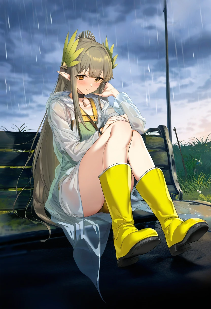 (shoshika8888888),(icomochi),[da mao banlangen],kurarome, - 1girl,muelsyse \(arknights\),arknights,cloudy sky,grass,on bench,outdoors,rain,road,yellow rubber boots,see-through coat,sitting,transparent raincoat,water drop,