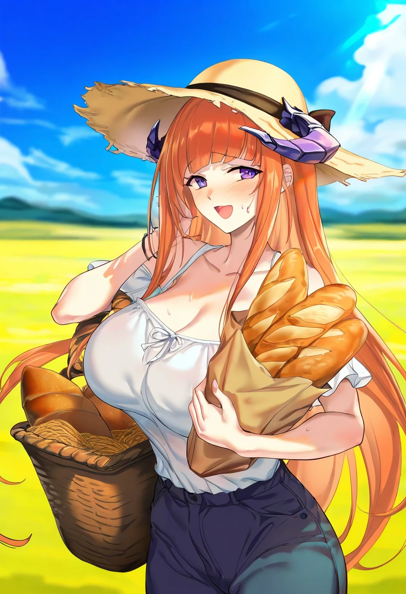 (shoshika8888888),(icomochi),[da mao banlangen],kurarome, - 1girl,bagpipe \(arknights\),arknights,baguette,blush,bread,croissant,holding basket,pretzel,upper body,straw hat,field,sky,laughing,sweat,sunlight,