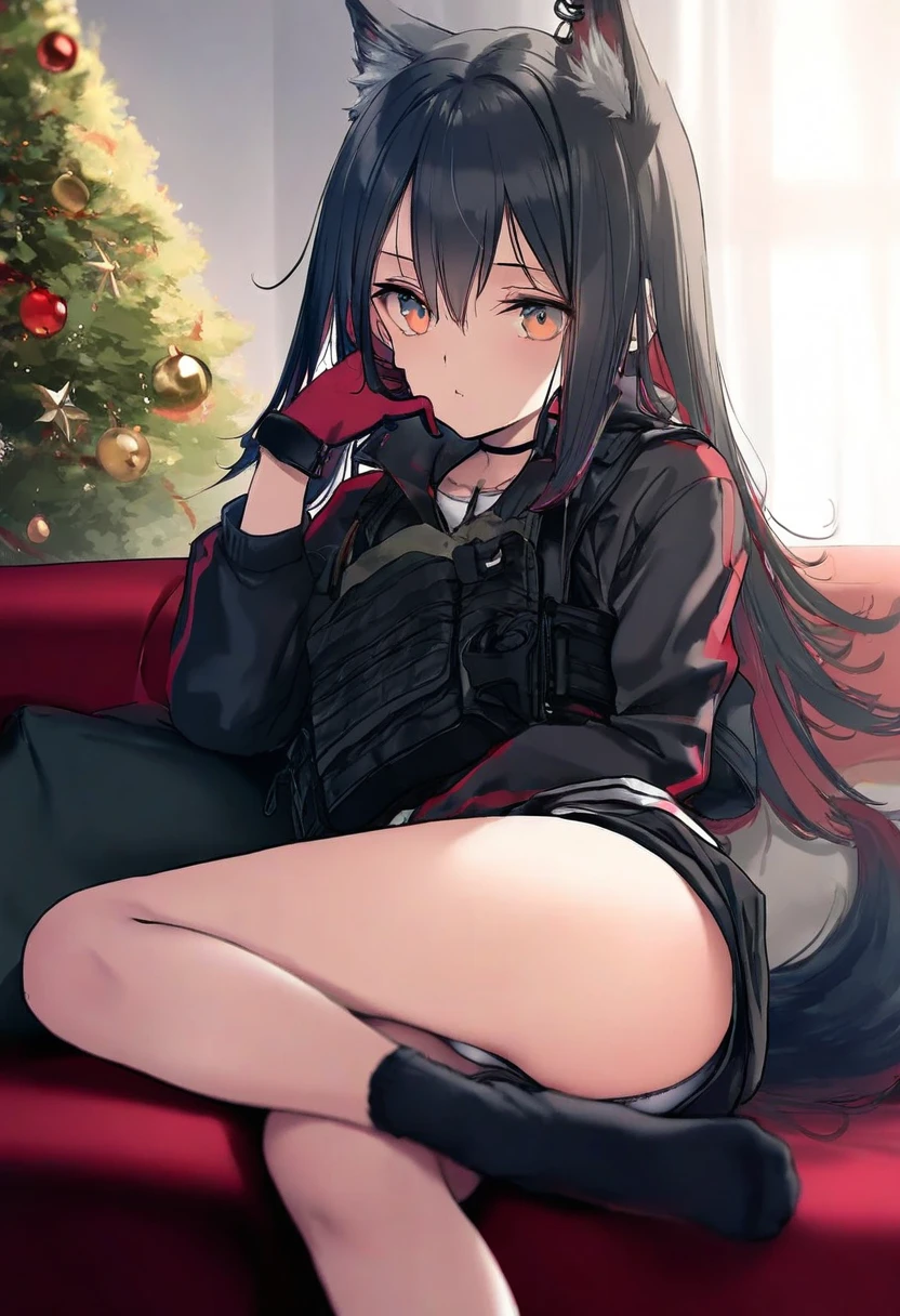 [[as109]],[onineko],[[[ke-ta]]],[[alpha \(alpha91\)]], - 1girl,texas \(arknights\),arknights,underwear,tactical vest,christmas tree,christmas ornaments,