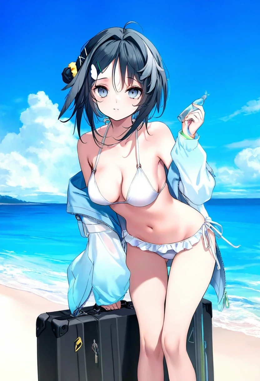 [[as109]],[onineko],[[[ke-ta]]],[[alpha \(alpha91\)]], - 1girl,la pluma \(summer flowers\) \(arknights\),arknights,white bikini,outdoors,navel,day,sky,blue sky,beach,suitcase,looking at viewer,ocean,low-tied long hair,leaning forward,standing,holding,frills,hand up,bare shoulders,floating hair,