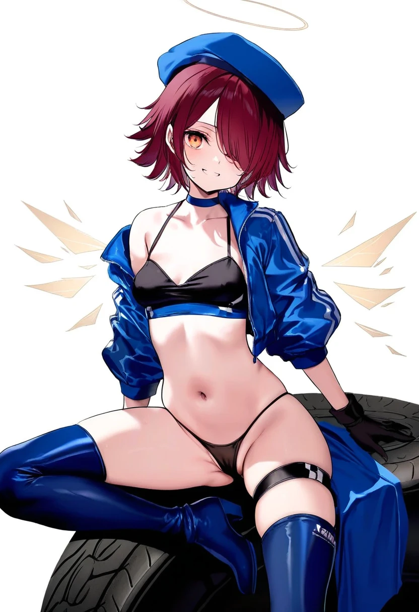 [[as109]],[onineko],[[[ke-ta]]],[[alpha \(alpha91\)]], - 1girl,exusiai \(arknights\),arknights,black gloves,black panties,blue thigh boots,blue hat,blue jacket,long sleeves,race queen,thigh strap,thong,single bare shoulder,skindentation,tire,