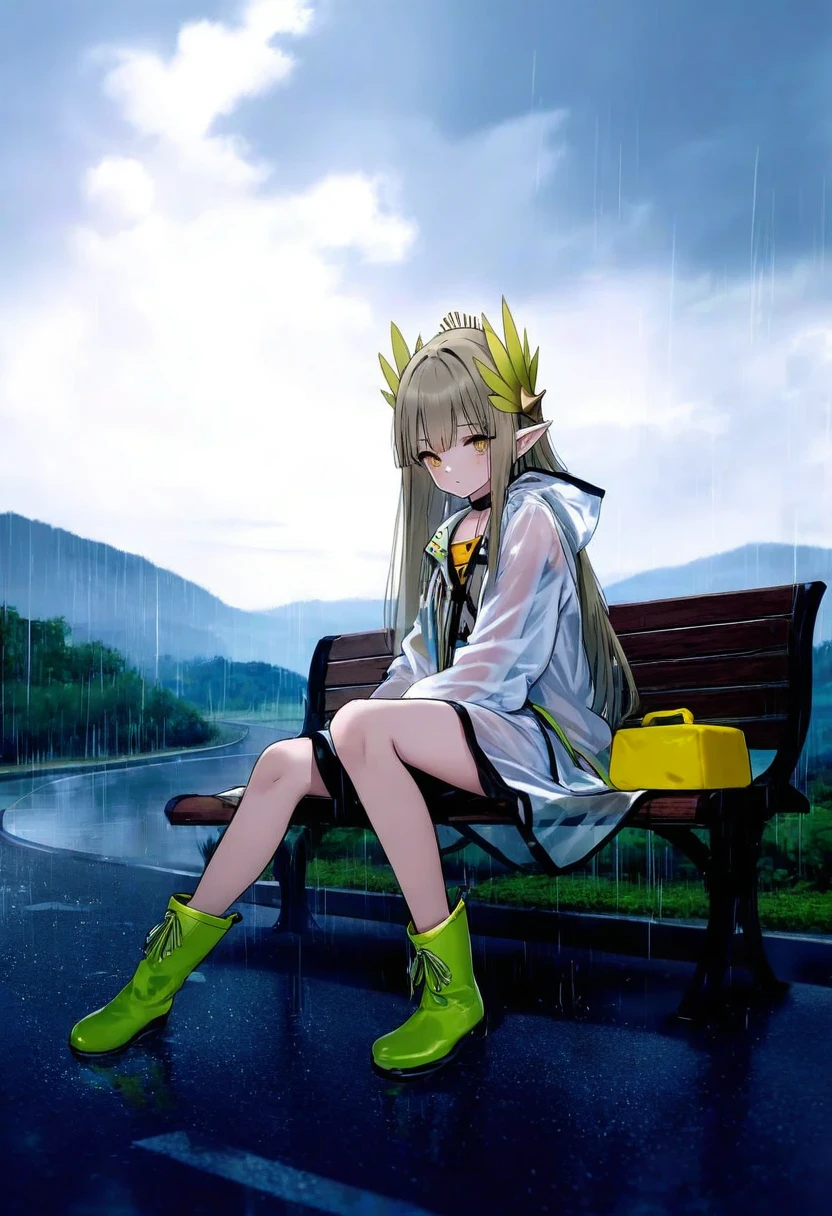 [[as109]],[onineko],[[[ke-ta]]],[[alpha \(alpha91\)]], - 1girl,muelsyse \(arknights\),arknights,cloudy sky,grass,on bench,outdoors,rain,road,yellow rubber boots,see-through coat,sitting,transparent raincoat,water drop,