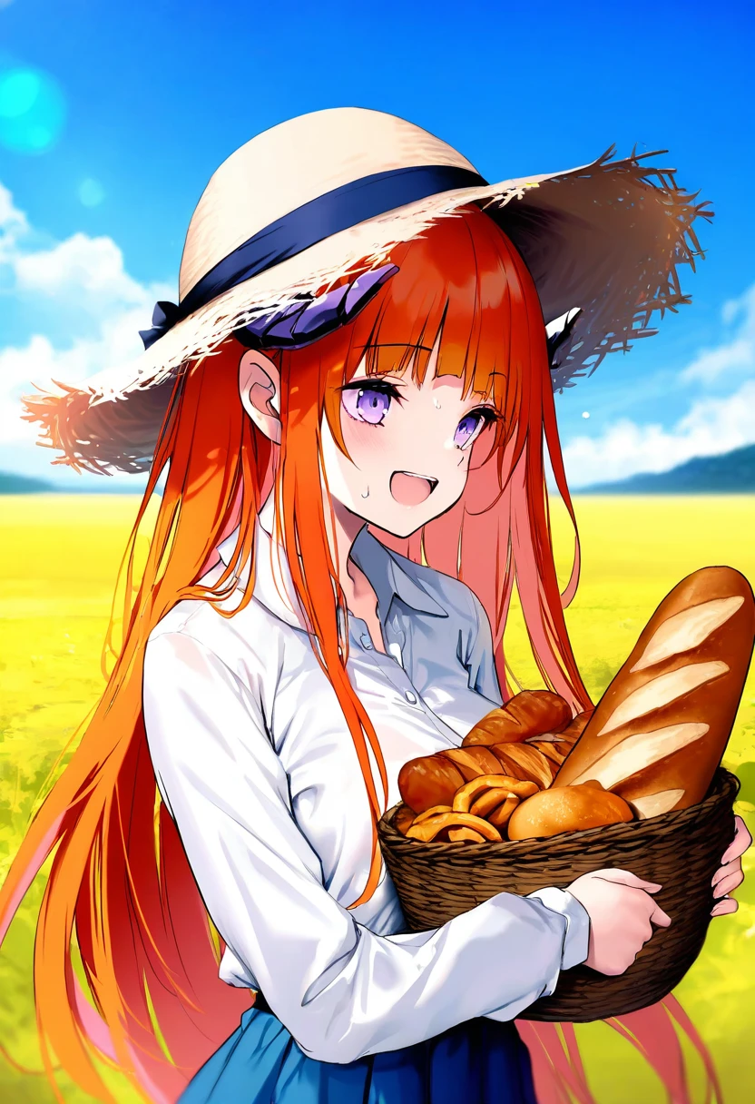 [[as109]],[onineko],[[[ke-ta]]],[[alpha \(alpha91\)]], - 1girl,bagpipe \(arknights\),arknights,baguette,blush,bread,croissant,holding basket,pretzel,upper body,straw hat,field,sky,laughing,sweat,sunlight,