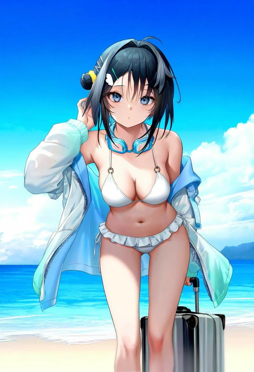 [[shanyao jiang tororo]],[[haneru]],[[himitsu \(hi mi tsu 2\)]],[[onineko]],[[as109]], - 1girl,la pluma \(summer flowers\) \(arknights\),arknights,white bikini,outdoors,navel,day,sky,blue sky,beach,suitcase,looking at viewer,ocean,low-tied long hair,leaning forward,standing,holding,frills,hand up,bare shoulders,floating hair,