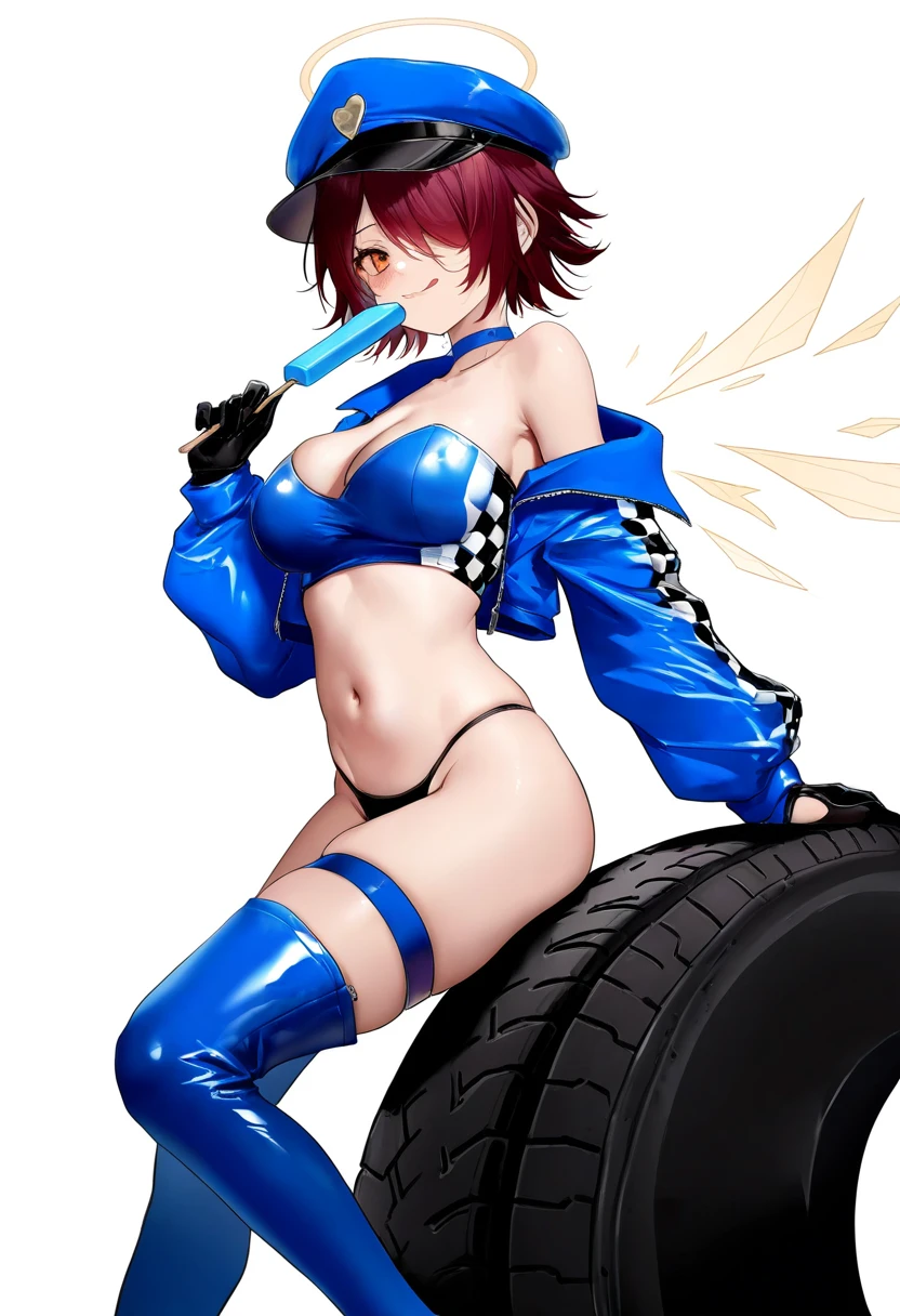 [[shanyao jiang tororo]],[[haneru]],[[himitsu \(hi mi tsu 2\)]],[[onineko]],[[as109]], - 1girl,exusiai \(arknights\),arknights,black gloves,black panties,blue thigh boots,blue hat,blue jacket,long sleeves,race queen,thigh strap,thong,single bare shoulder,skindentation,tire,