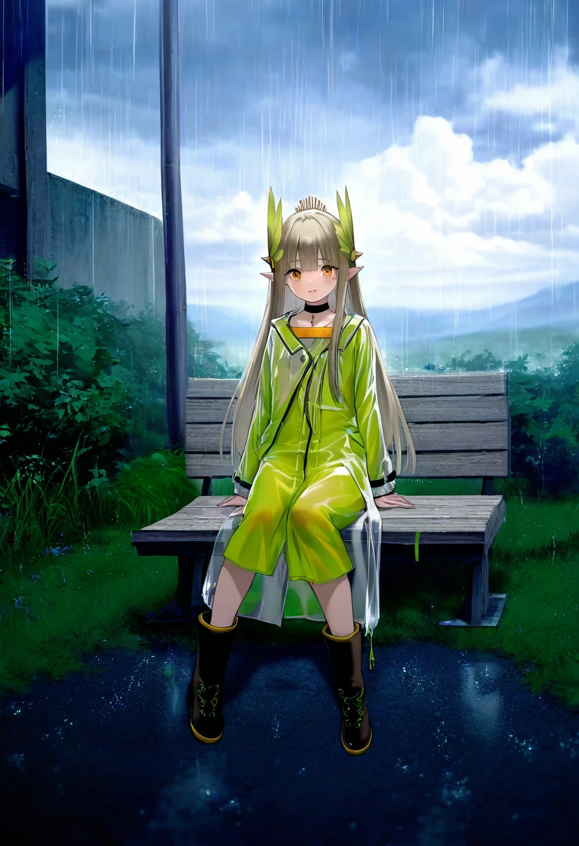 [[shanyao jiang tororo]],[[haneru]],[[himitsu \(hi mi tsu 2\)]],[[onineko]],[[as109]], - 1girl,muelsyse \(arknights\),arknights,cloudy sky,grass,on bench,outdoors,rain,road,yellow rubber boots,see-through coat,sitting,transparent raincoat,water drop,