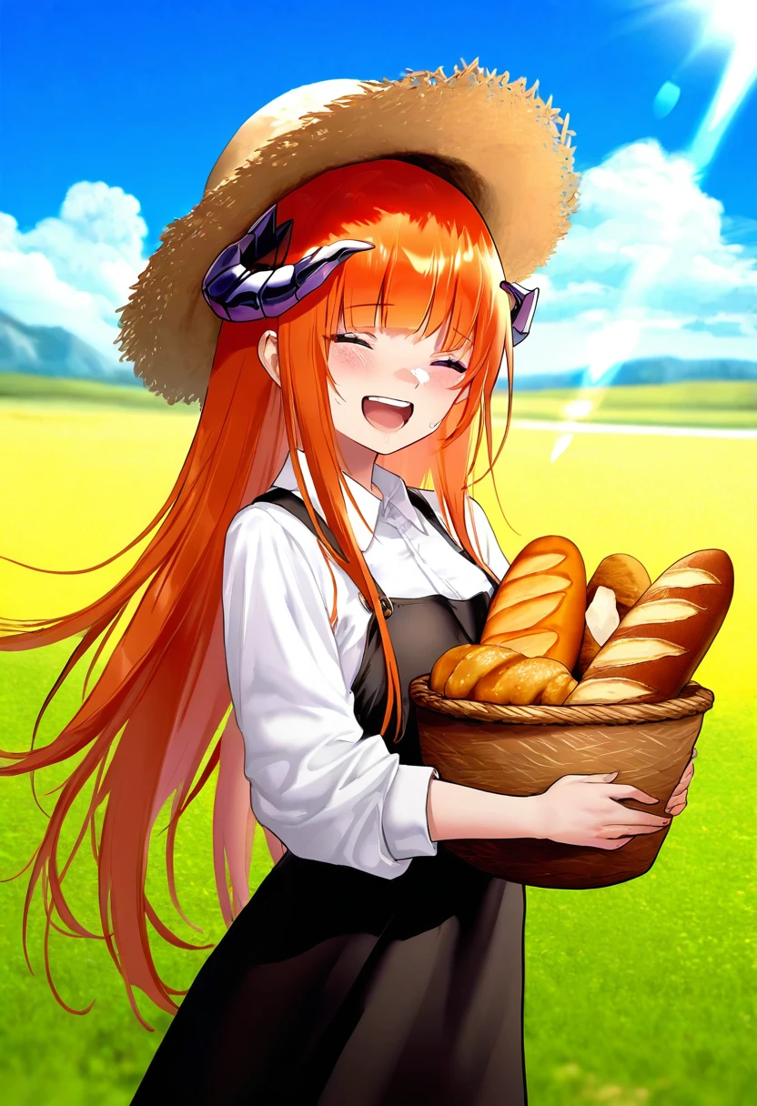 [[shanyao jiang tororo]],[[haneru]],[[himitsu \(hi mi tsu 2\)]],[[onineko]],[[as109]], - 1girl,bagpipe \(arknights\),arknights,baguette,blush,bread,croissant,holding basket,pretzel,upper body,straw hat,field,sky,laughing,sweat,sunlight,