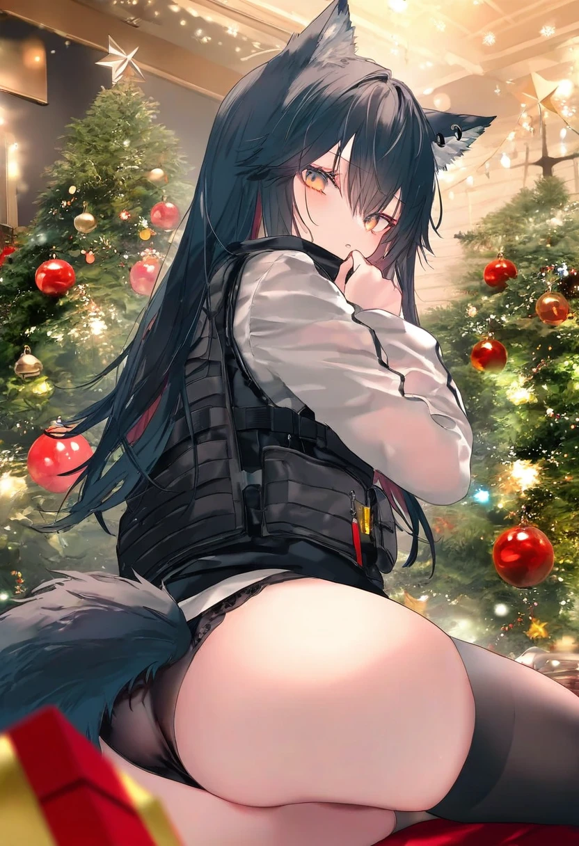 [[(onineko),chen bin]], - 1girl,texas \(arknights\),arknights,underwear,tactical vest,christmas tree,christmas ornaments,