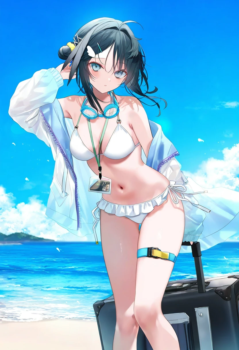 [[(onineko),chen bin]], - 1girl,la pluma \(summer flowers\) \(arknights\),arknights,white bikini,outdoors,navel,day,sky,blue sky,beach,suitcase,looking at viewer,ocean,low-tied long hair,leaning forward,standing,holding,frills,hand up,bare shoulders,floating hair,