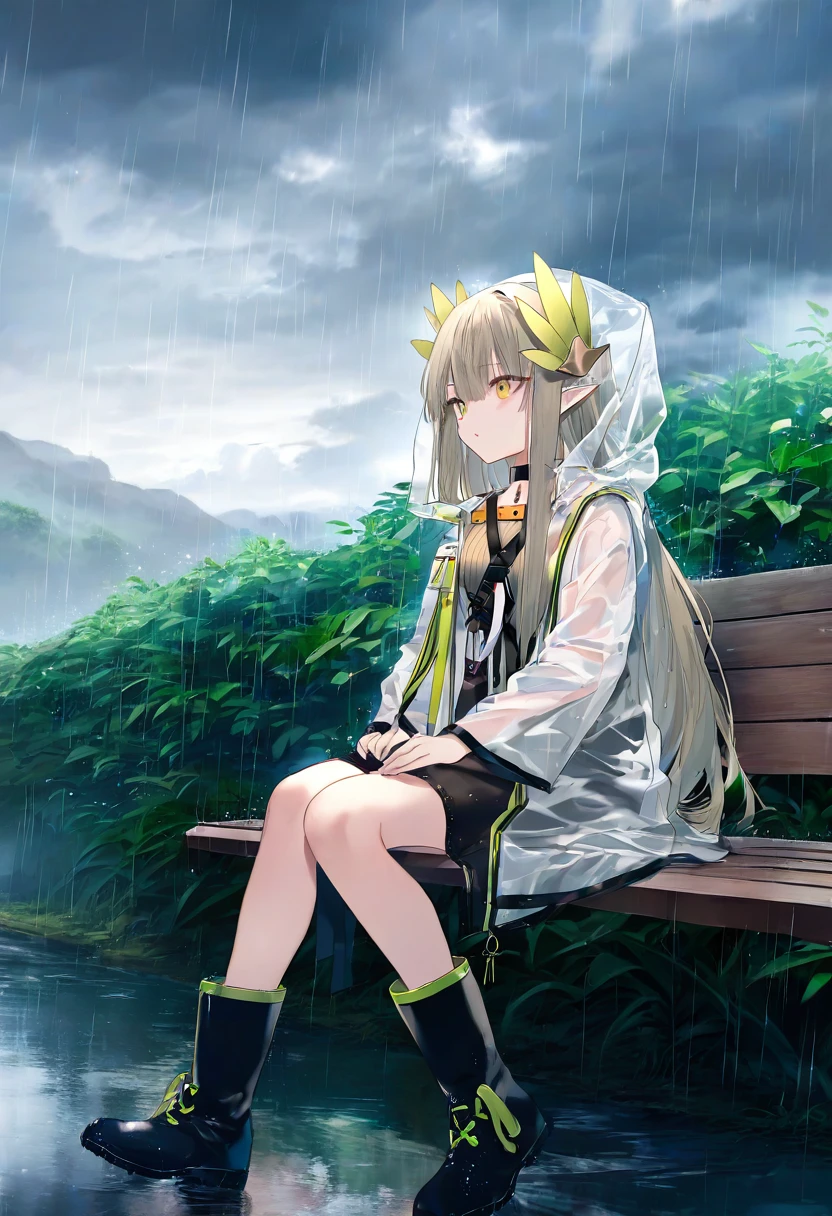 [[(onineko),chen bin]], - 1girl,muelsyse \(arknights\),arknights,cloudy sky,grass,on bench,outdoors,rain,road,yellow rubber boots,see-through coat,sitting,transparent raincoat,water drop,