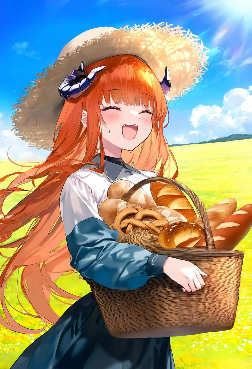 [[(onineko),chen bin]], - 1girl,bagpipe \(arknights\),arknights,baguette,blush,bread,croissant,holding basket,pretzel,upper body,straw hat,field,sky,laughing,sweat,sunlight,