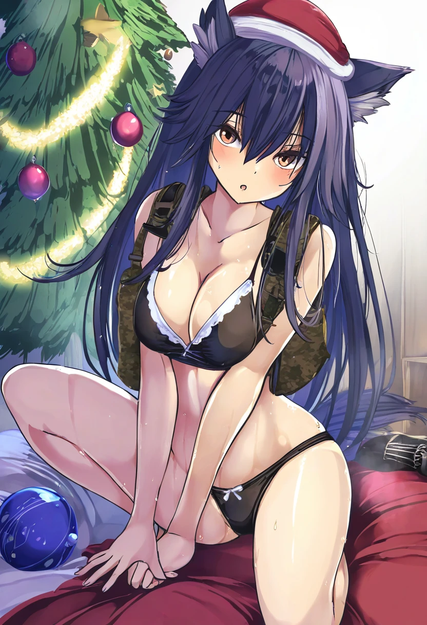 asakai mocchinu,monikano,hakaba \(dairiseki\), - 1girl,texas \(arknights\),arknights,underwear,tactical vest,christmas tree,christmas ornaments,