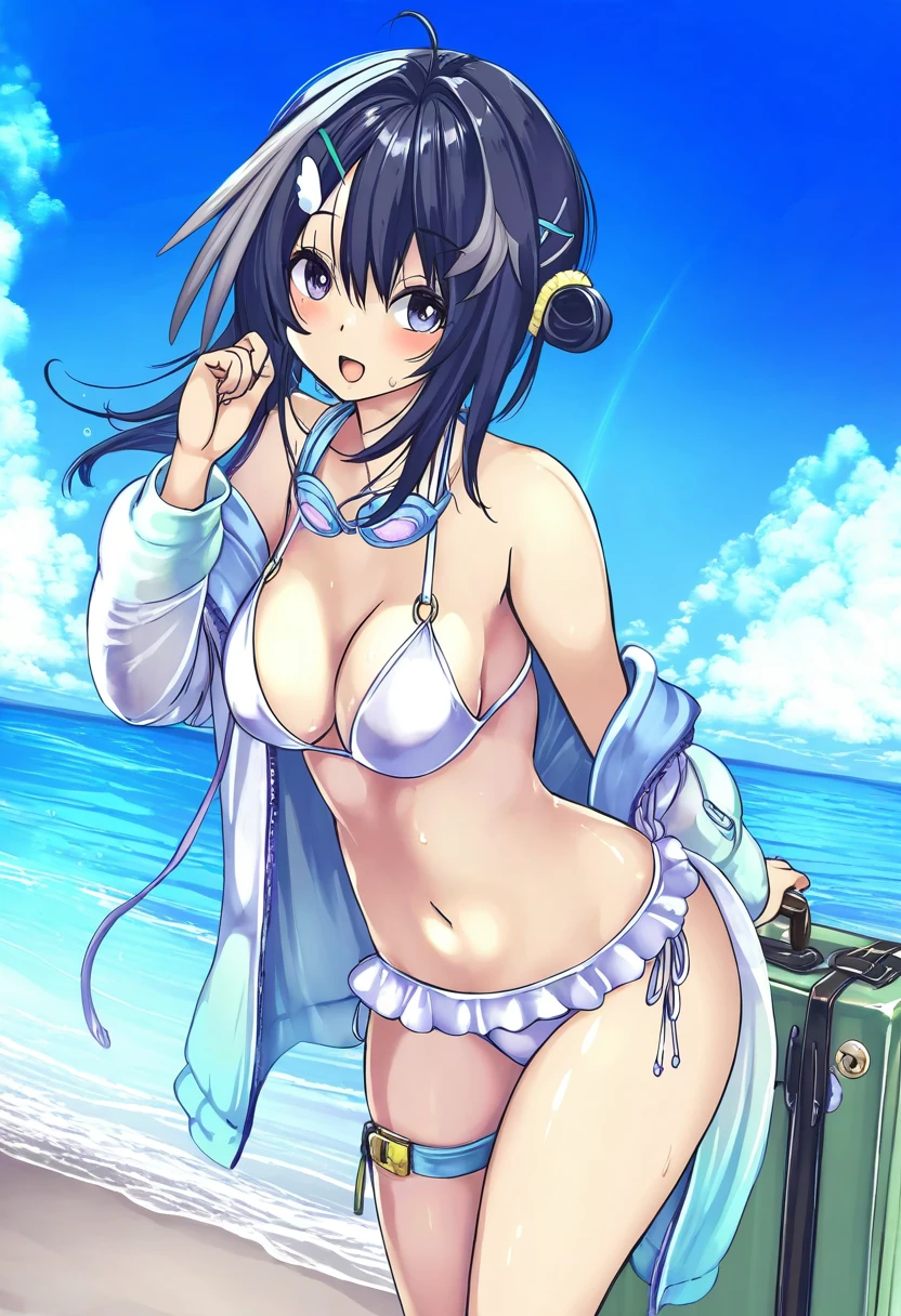 asakai mocchinu,monikano,hakaba \(dairiseki\), - 1girl,la pluma \(summer flowers\) \(arknights\),arknights,white bikini,outdoors,navel,day,sky,blue sky,beach,suitcase,looking at viewer,ocean,low-tied long hair,leaning forward,standing,holding,frills,hand up,bare shoulders,floating hair,