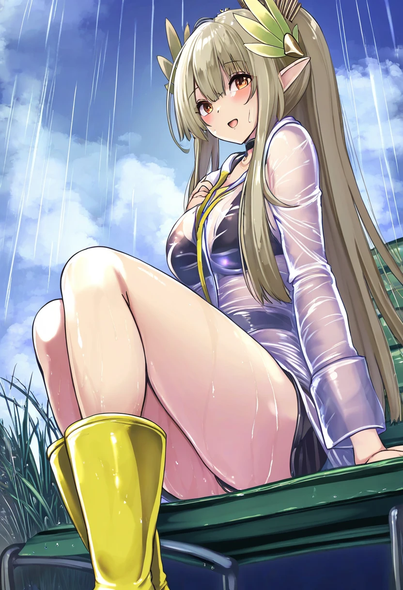 asakai mocchinu,monikano,hakaba \(dairiseki\), - 1girl,muelsyse \(arknights\),arknights,cloudy sky,grass,on bench,outdoors,rain,road,yellow rubber boots,see-through coat,sitting,transparent raincoat,water drop,