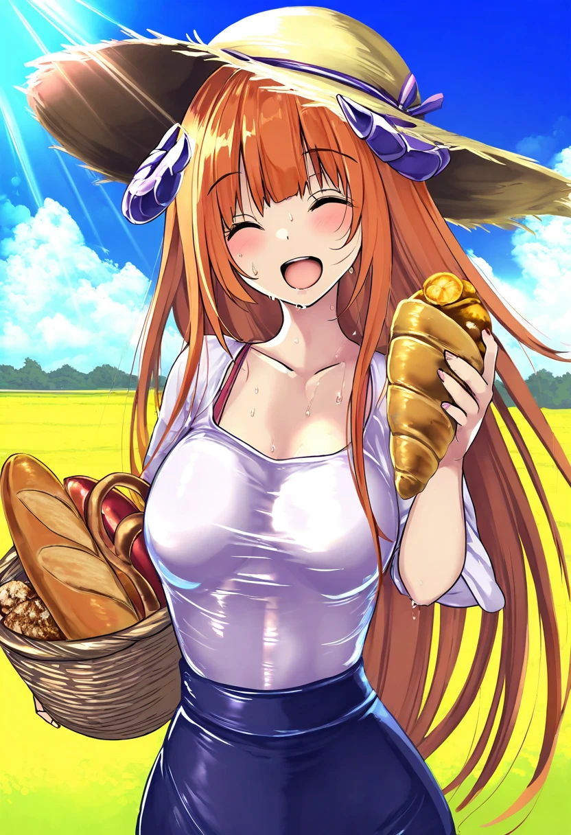 asakai mocchinu,monikano,hakaba \(dairiseki\), - 1girl,bagpipe \(arknights\),arknights,baguette,blush,bread,croissant,holding basket,pretzel,upper body,straw hat,field,sky,laughing,sweat,sunlight,