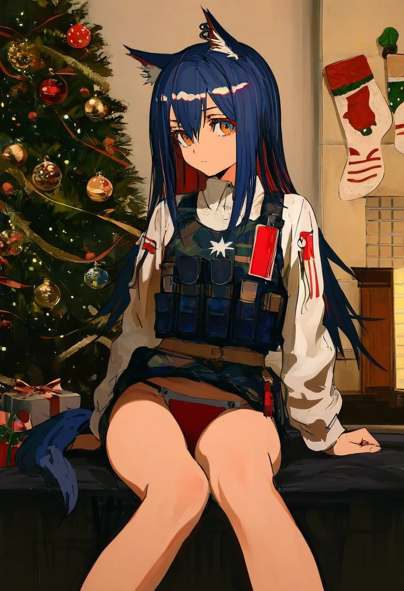 [[rei\(sanbonzakura\),mika pikazo]],shion\(mirudakemann\),[[cogecha]],ryou\(ryoutarou\), - 1girl,texas \(arknights\),arknights,underwear,tactical vest,christmas tree,christmas ornaments,