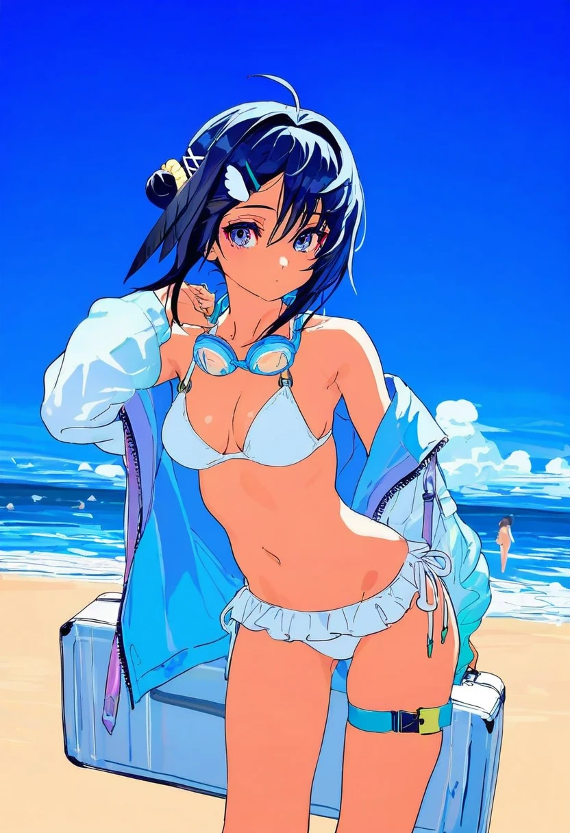[[rei\(sanbonzakura\),mika pikazo]],shion\(mirudakemann\),[[cogecha]],ryou\(ryoutarou\), - 1girl,la pluma \(summer flowers\) \(arknights\),arknights,white bikini,outdoors,navel,day,sky,blue sky,beach,suitcase,looking at viewer,ocean,low-tied long hair,leaning forward,standing,holding,frills,hand up,bare shoulders,floating hair,