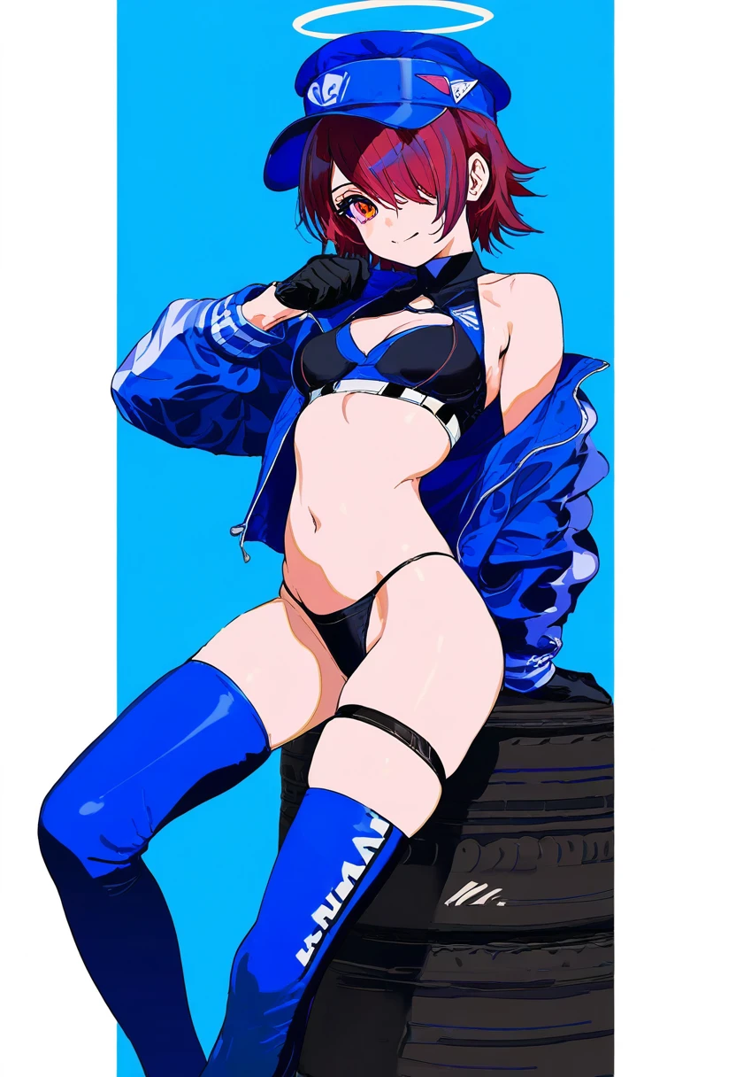[[rei\(sanbonzakura\),mika pikazo]],shion\(mirudakemann\),[[cogecha]],ryou\(ryoutarou\), - 1girl,exusiai \(arknights\),arknights,black gloves,black panties,blue thigh boots,blue hat,blue jacket,long sleeves,race queen,thigh strap,thong,single bare shoulder,skindentation,tire,