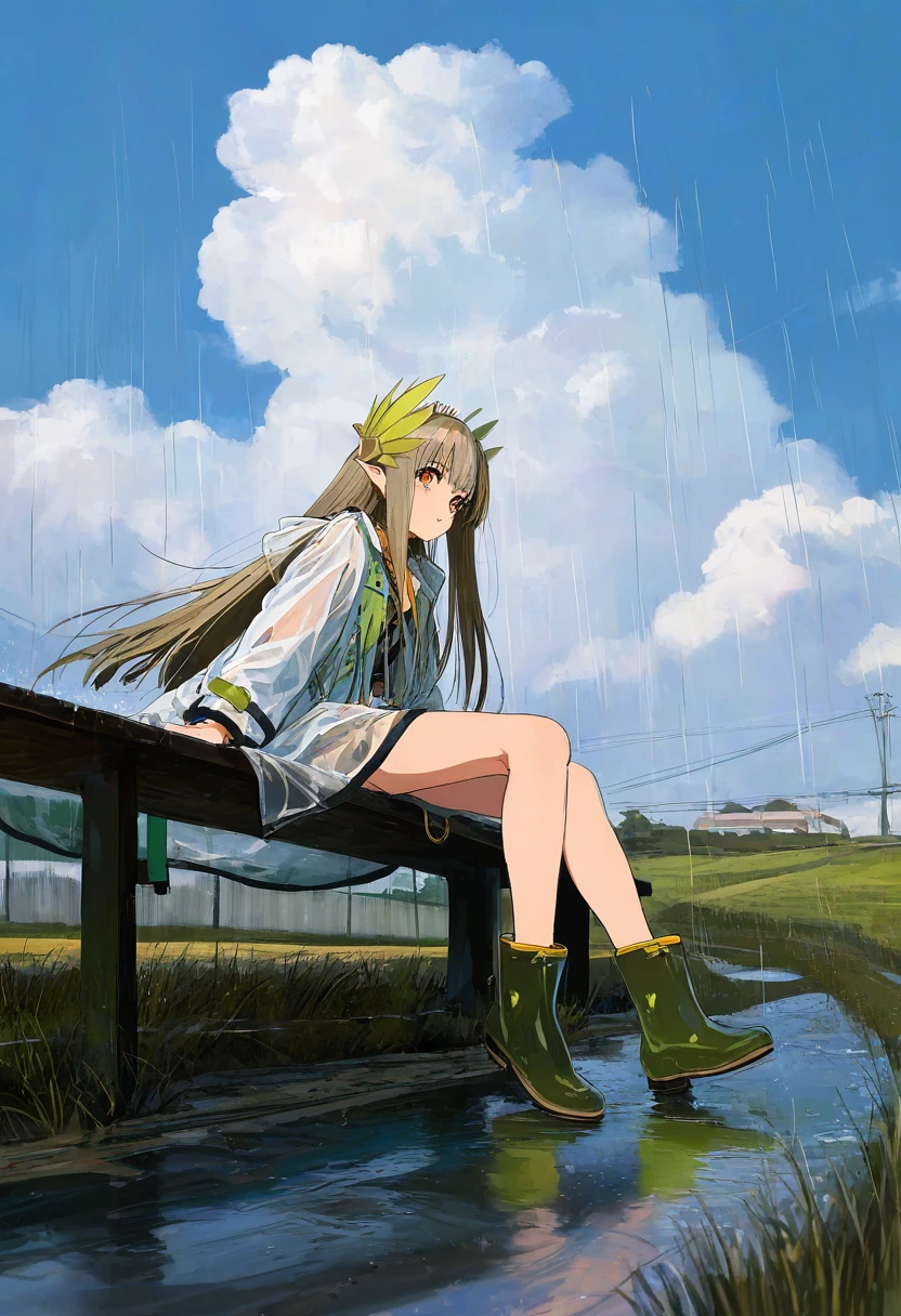 [[rei\(sanbonzakura\),mika pikazo]],shion\(mirudakemann\),[[cogecha]],ryou\(ryoutarou\), - 1girl,muelsyse \(arknights\),arknights,cloudy sky,grass,on bench,outdoors,rain,road,yellow rubber boots,see-through coat,sitting,transparent raincoat,water drop,
