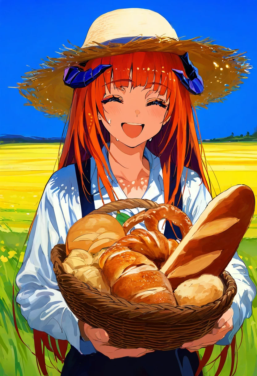 [[rei\(sanbonzakura\),mika pikazo]],shion\(mirudakemann\),[[cogecha]],ryou\(ryoutarou\), - 1girl,bagpipe \(arknights\),arknights,baguette,blush,bread,croissant,holding basket,pretzel,upper body,straw hat,field,sky,laughing,sweat,sunlight,