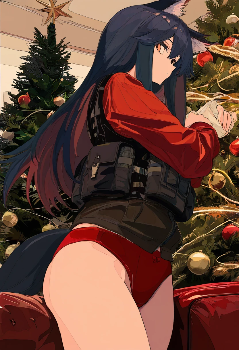 [[cogecha]],ryou\(ryoutarou\), - 1girl,texas \(arknights\),arknights,underwear,tactical vest,christmas tree,christmas ornaments,