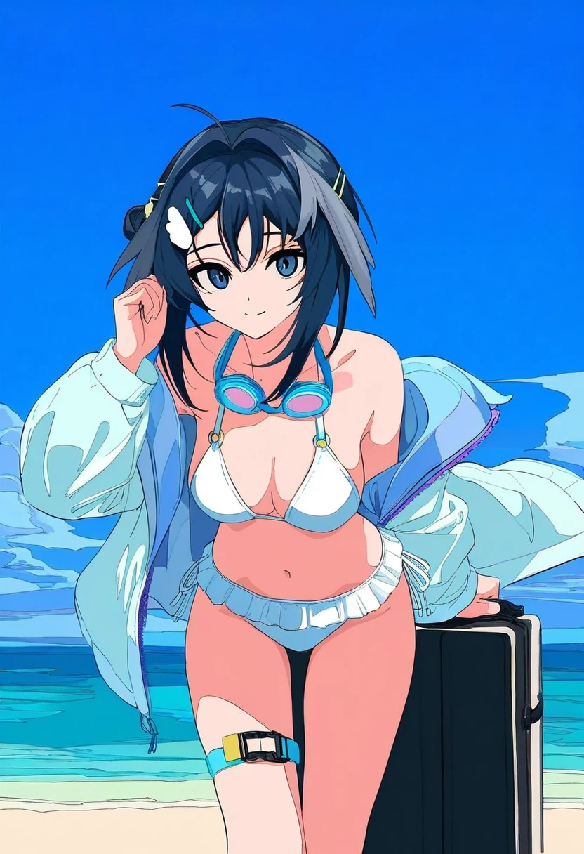[[cogecha]],ryou\(ryoutarou\), - 1girl,la pluma \(summer flowers\) \(arknights\),arknights,white bikini,outdoors,navel,day,sky,blue sky,beach,suitcase,looking at viewer,ocean,low-tied long hair,leaning forward,standing,holding,frills,hand up,bare shoulders,floating hair,